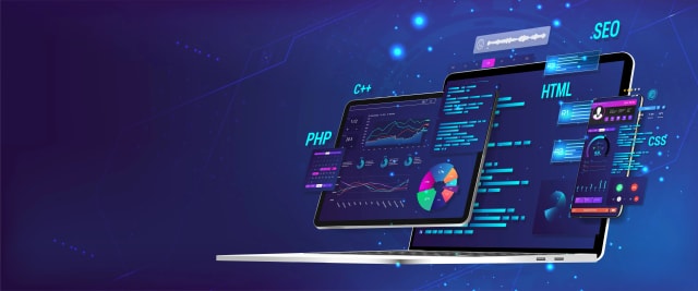 Developer reviewing website analytics dashboard on a desktop monitor